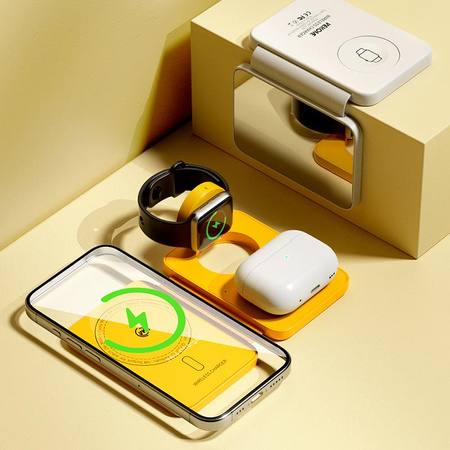 WEKOME WP-U172 - Chargeur sans fil 3-en-1 avec MagSafe pour iPhone, Apple Watch et AirPods + miroir (Jaune)