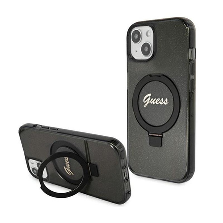 Guess Ring Stand Script Glitter MagSafe - pouzdro pro iPhone 15 (černé)