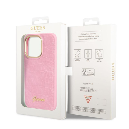 Guess Croco Collection - pouzdro pro iPhone 14 Pro Max (růžové)