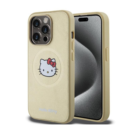 Kožené pouzdro Hello Kitty Kitty Head MagSafe - iPhone 15 Pro (zlaté)