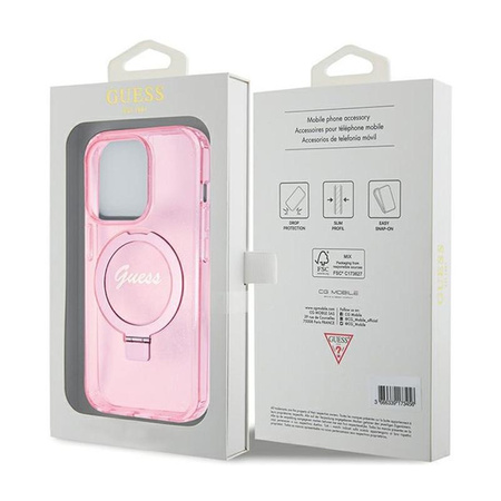 Guess Ring Stand Script Glitter MagSafe - iPhone 15 Pro Max Tasche (rosa)