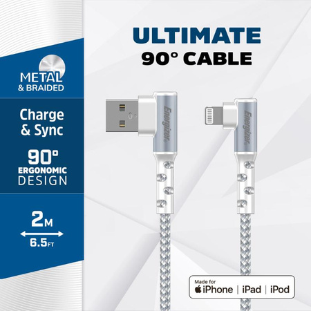 Energizer Ultimate - USB-A to Lightning 90° MFi certified gaming cable 2m (White)