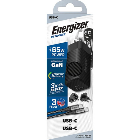 Energizer Ultimate - Multiplug EU / UK / US GaN USB-C & USB-A 65W PD Charger + USB-C Cable (Black)