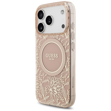 Guess IML Flowers Electro Pearl Strap MagSafe - Hülle iPhone 17 Pro (rosa)
