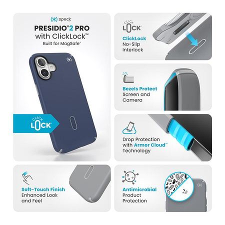 Speck Presidio2 Pro ClickLock & MagSafe - iPhone 16 Plus Case (Coastal Blue / Dust Grey / White)