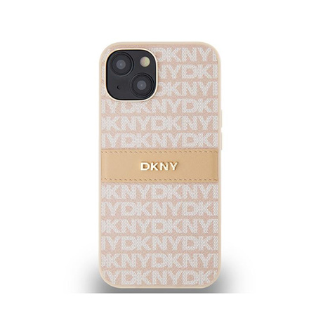 DKNY étui en cuir monochrome avec logo en métal pour iPhone 14 / 15 / 13 (rose)