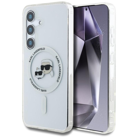 Karl Lagerfeld Button Karl & Choupette Heads Gedrucktes Logo MagSafe - Samsung Galaxy S25+ Tasche (weiß)