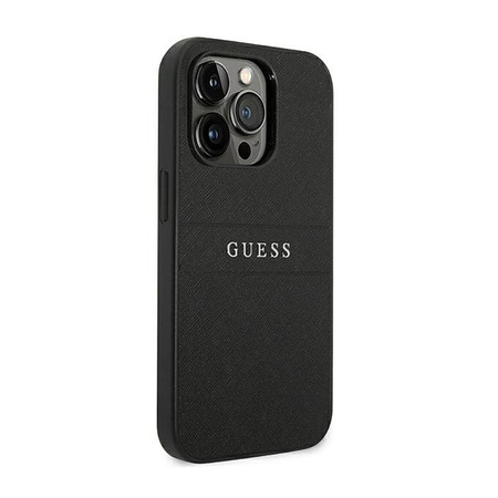 Guess Saffiano Metal Logo Stripes - Hülle für iPhone 14 Pro (Schwarz)