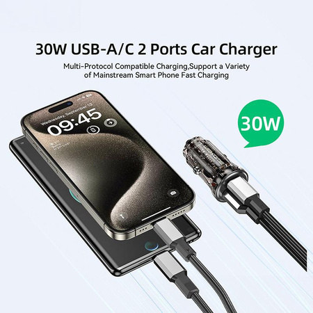 WEKOME WP-C41 Vanguard Series - USB-C & USB-A Fast Charging 30W Car Charger (Black / Transparent)