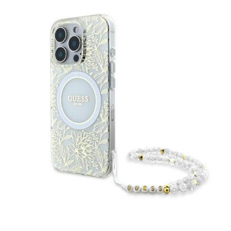 Guess IML Flowers Allover Electro With Pearl Strap MagSafe - Pouzdro pro iPhone 16 Pro Max (Bílé)