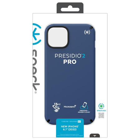 Speck Presidio2 Pro - Antibakterielles Gehäuse für iPhone 15 Plus / 14 Plus (Küstenblau / Schwarz / Weiß)