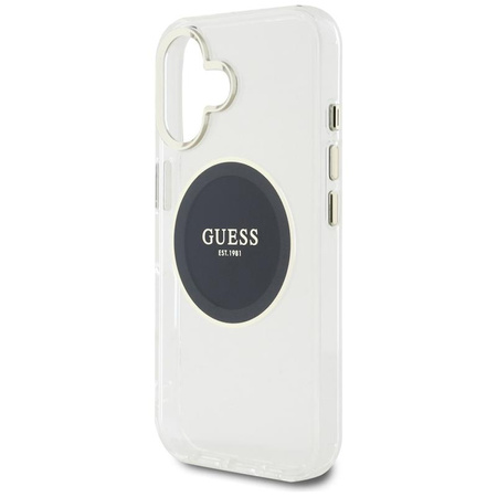 Guess IML Metallfarbener Kreis Klassisches Logo MagSafe - Hülle für iPhone 16 (schwarz)