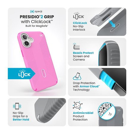 Speck Presidio2 Grip ClickLock & MagSafe - Coque pour iPhone 16 Plus (True Pink / Shocking Pink / White)