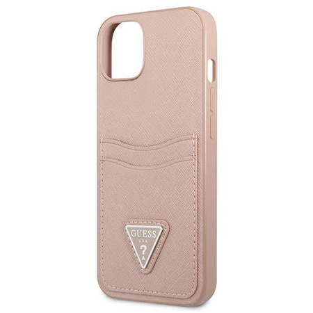 Guess Saffiano Double Card Triangle - pouzdro pro iPhone 13 mini (růžové)