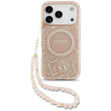 ETUI DO IPHONE 17 PRO do MAGSAFE GUESS RÓŻOWE ORYGINALNE ZE SMYCZĄ KWIATY