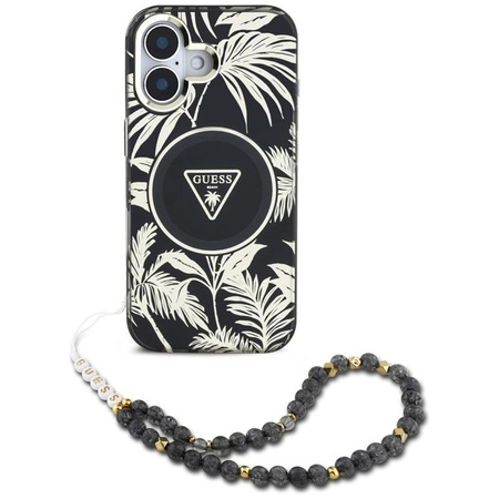 Guess Palm Trees Triangle Pearl Strap MagSafe - étui pour iPhone 16 (noir)