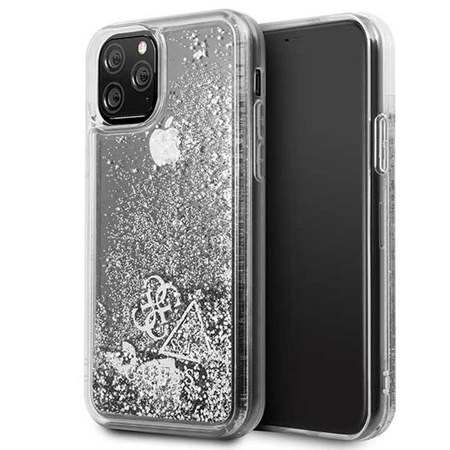 Guess Liquid Glitter Hearts - Etui iPhone 11 Pro (srebrny)