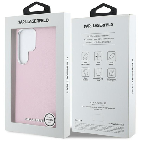 Karl Lagerfeld Saffiano Full Wrapped Elongated Metal Logo MagSafe - Hülle für Samsung Galaxy S25 Ultra (rosa)