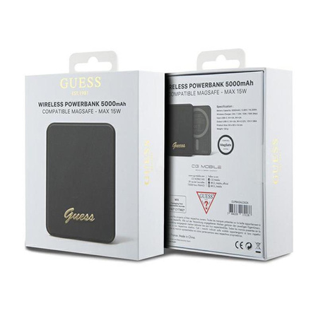 Guess Metal Script Logo MagSafe - Indukční powerbanka 5000 mAh 15W MagSafe (černá)