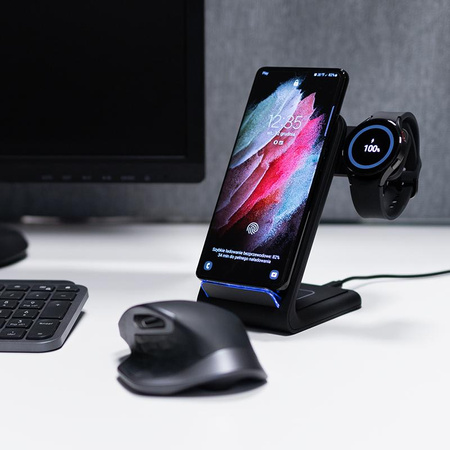 Crong PowerSpot Pivot Stand - 3-in-1 kabelloses Ladegerät für iPhone, Samsung & Android, Galaxy Watch und TWS Kopfhörer (schwarz)