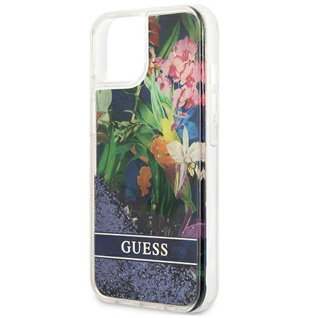 Guess Liquid Glitter Flower - étui pour iPhone 13 mini (bleu)