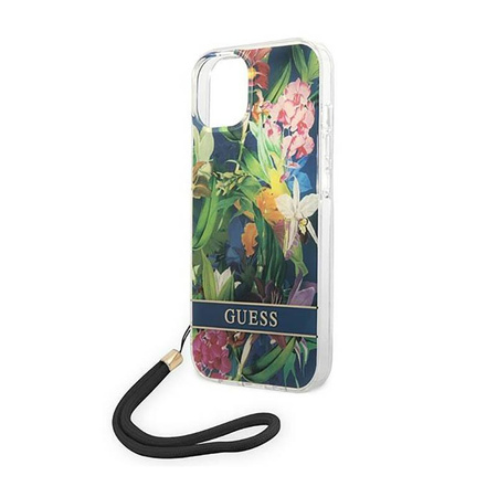 Guess Flower Cord - Etui avec dragonne iPhone 14 (bleu)