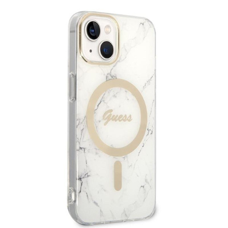 Guess Bundle Pack MagSafe IML Marble - MagSafe iPhone 14 Plus Tasche + Ladegerät Set (weiß/gold)