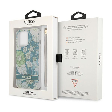 Guess Flower Cord - Etui avec dragonne iPhone 13 Pro Max (Vert)