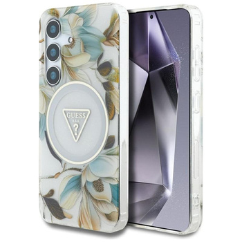 Guess Glitter Flowers Triangle Buttons MagSafe - tok Samsung Galaxy S25 (fehér)