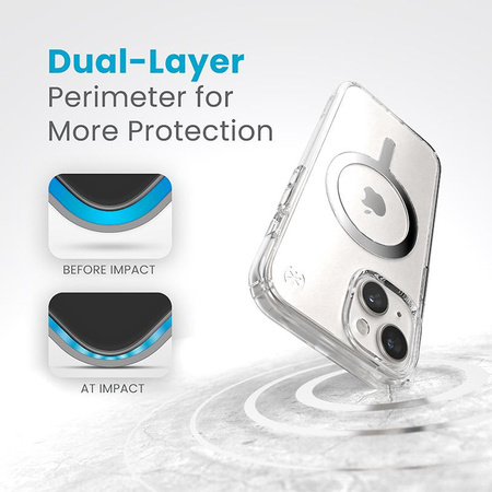 Speck Presidio Perfect-Clear MagSafe - pouzdro iPhone 16e / iPhone 15 / iPhone 14 / iPhone 13 (čiré / chromované provedení / stříbrná barva)