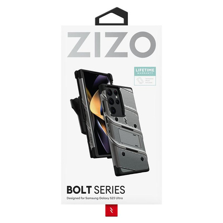 ZIZO BOLT Serie - Samsung Galaxy S23 Ultra gepanzerte Hülle mit 9H Glas für Bildschirm + Halterung mit Ständer (grau)
