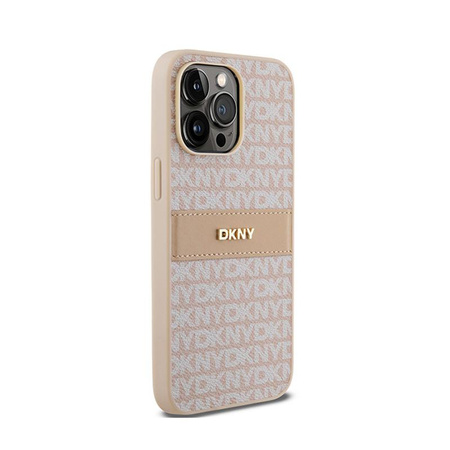 Kožené pouzdro DKNY Mono Stripe & Metal Logo - iPhone 14 Pro (růžové)