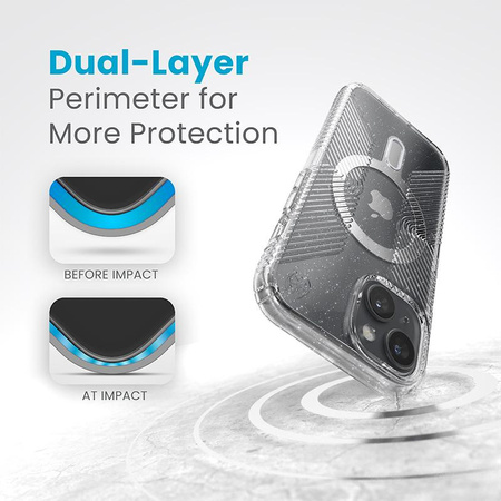Speck Presidio Lux Grip ClickLock & MagSafe - Coque iPhone 16e / iPhone 15 / iPhone 14 / iPhone 13 (Transparent / Platinium Glitter / Chrome Finish / Serene Silver)