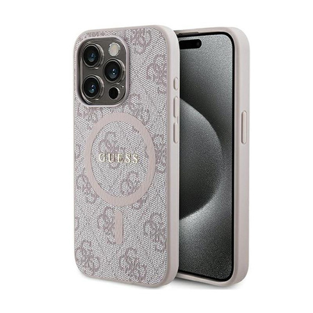 Kožené pouzdro Guess 4G Collection s kovovým logem MagSafe - iPhone 14 Pro (růžové)