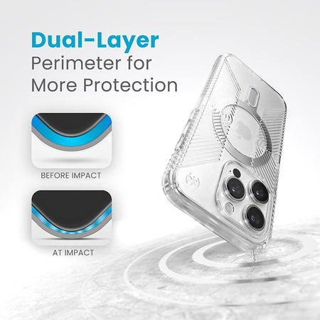 Speck Presidio Perfect-Clear Grip ClickLock & MagSafe - Coque pour iPhone 15 Pro (Transparent / Finition Chrome / Argent Serein)