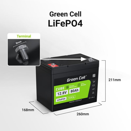 Green Cell - LiFePO4 12V 12.8V 80Ah akkumulátor fotovoltaikus rendszerekhez, lakóautókhoz és hajókhoz
