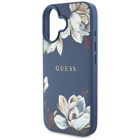 Guess MagSafe - Tasche mit genarbtem Blumenmuster für iPhone 16 (blau)