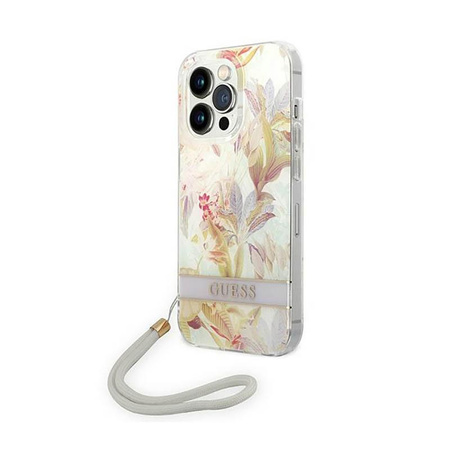 Guess Flower Cord - Case with lanyard iPhone 14 Pro (purple)