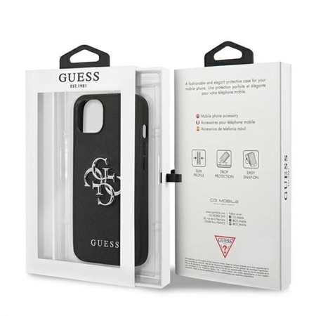 Guess Saffiano 4G Big Silver Logo - Coque pour iPhone 13 Mini (noir)