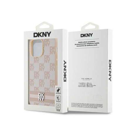 DKNY Leather Checkered Mono Pattern & Printed Stripes - iPhone 14 Pro Max Case (pink)