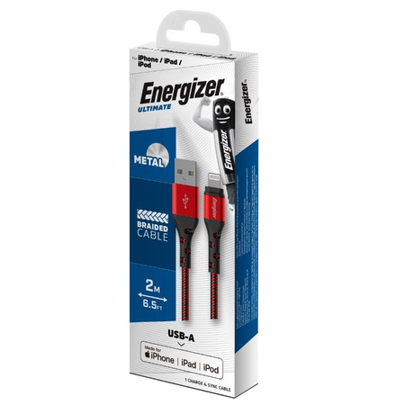 Energizer Ultimate - Připojovací kabel USB-A na Lightning s certifikací MFi 2 m (červený)