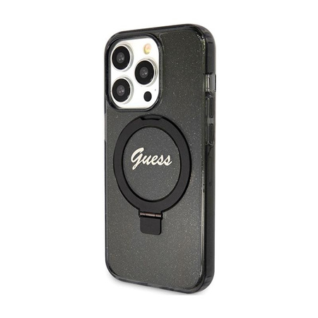 Guess Ring Stand Script Glitter MagSafe - Etui iPhone 15 Pro (czarny)