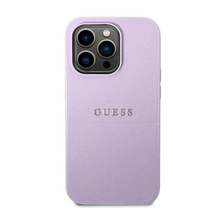 Pouzdro Guess Saffiano Metal Logo Stripes - iPhone 14 Pro Max (lila)