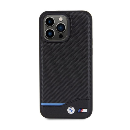 BMW Leather Carbon Blue Line - Coque pour iPhone 15 Pro Max (noir)