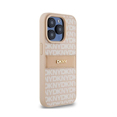 DKNY Bőr mono csíkos és fém logóval - iPhone 15 Pro tok (rózsaszín)