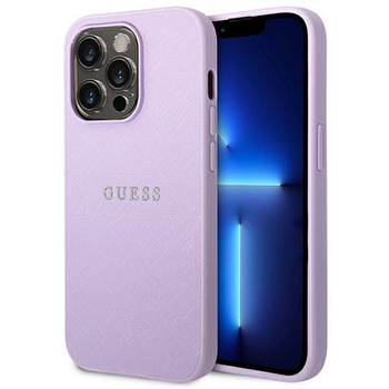 Guess Saffiano fém logós csíkok - iPhone 14 Pro Max tok (lila)