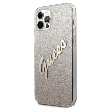 Guess Glitter Gradient Script - pouzdro pro iPhone 12 / iPhone 12 Pro (zlaté)