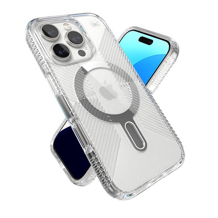 Speck Presidio Perfect-Clear Grip ClickLock & MagSafe - iPhone 16 Pro Case (Clear / Chrome Finish / Serene Silver)