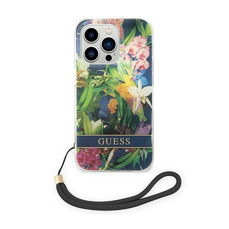 Guess Flower Cord - Etui avec dragonne iPhone 14 Pro (bleu)