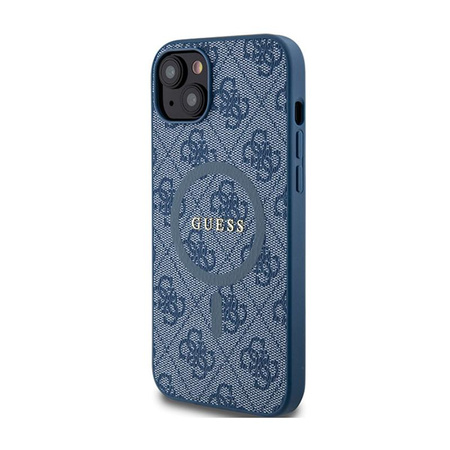 Guess 4G Collection Cuir Logo Métal MagSafe - Étui pour iPhone 15 Plus / 14 Plus (bleu)